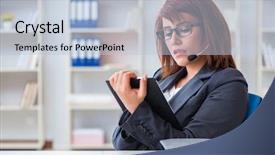  Presentation with call center software - PPT theme having information technology outsource - call center operator working background and a  colored foreground