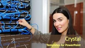  Presentation with server administrator - Theme consisting of information technology services - female administrator at server room background and a tawny brown colored foreground