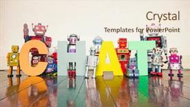  Presentation with tehnology - Colorful theme enhanced with information tehnology - robots hold up the word backdrop and a cream colored foreground