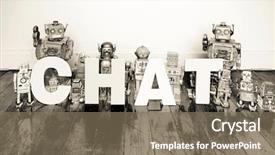  Presentation with tehnology - Beautiful slide set featuring information tehnology - word chat with vintage robot backdrop and a violet colored foreground