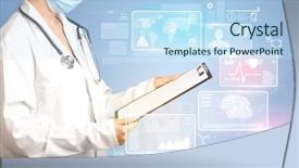  Presentation with female doctor - Audience pleasing PPT theme consisting of data science - female doctor holding notepad backdrop and a light blue colored foreground