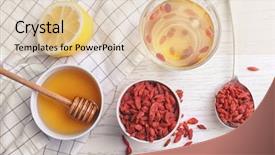  Presentation with goji - Audience pleasing slides consisting of composition with goji berries and tea on wooden background backdrop and a lemonade colored foreground