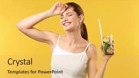  Presentation with lemonade - Beautiful slides featuring infusion - beautiful young woman with glass backdrop and a yellow colored foreground