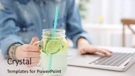  Presentation with lemonade - Colorful presentation design enhanced with infusion - young woman with lemonade backdrop and a soft green colored foreground