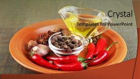  Presentation with olive oil and products - Beautiful presentation featuring infusion sets - set of spices and olive backdrop and a coral colored foreground