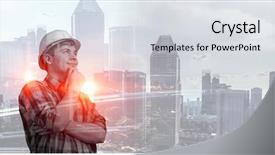  Presentation with builder - Audience pleasing slides consisting of ingenieria - builder man against cityscape backdrop and a sky blue colored foreground