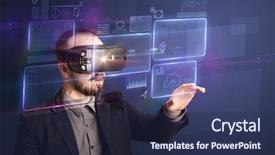  Presentation with virtual reality - Presentation theme with ingenious - amazed businessman with virtual reality background and a navy blue colored foreground