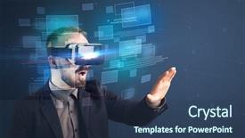  Presentation with blue squares - Theme with ingenious - amazed businessman with virtual reality background and a ocean colored foreground