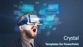  Presentation with blue squares - Presentation design having ingenious - amazed businessman with virtual reality background and a ocean colored foreground