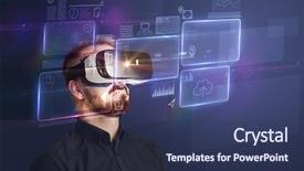  Presentation with artificial intelligence virtual reality - PPT layouts with ingenious - amazed businessman with virtual reality background and a ocean colored foreground