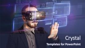  Presentation with virtual reality - Slides enhanced with ingenious - amazed businessman with virtual reality background and a navy blue colored foreground