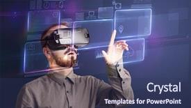  Presentation with virtual - Slides having ingenious - amazed businessman with virtual reality background and a ocean colored foreground