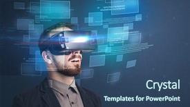  Presentation with blue squares - Colorful slide set enhanced with ingenious - amazed businessman with virtual reality backdrop and a ocean colored foreground