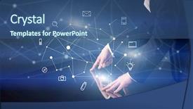  Presentation with communication - Amazing slide set having ingenious - male hands touching interactive table backdrop and a  colored foreground