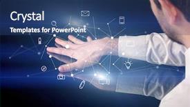  Presentation with communication - Presentation theme enhanced with ingenious - male hands touching interactive table background and a ocean colored foreground