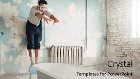  Presentation with businessman loses - Presentation featuring ingenuity - businessman in flippers dives background and a light gray colored foreground