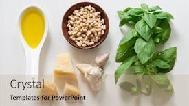  Presentation with basil seeds - PPT theme featuring ingredients for cooking green italian sauce pesto ground basil garlic pine seeds olives and pecorino sardo cheese top view on white background background and a coral colored foreground