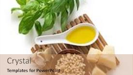  Presentation with basil seeds - Audience pleasing presentation design consisting of ingredients for cooking green italian sauce pesto ground basil garlic pine seeds olives and pecorino sardo cheese top view isolated on white background backdrop and a coral colored foreground