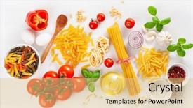  Presentation with penne pasta - Cool new slides with ingredients for italian cousine flat backdrop and a yellow colored foreground