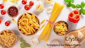  Presentation with penne pasta - Theme enhanced with ingredients for italian cousine flat background and a coral colored foreground