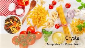  Presentation with penne pasta - Colorful slide deck enhanced with ingredients for italian cousine flat backdrop and a  colored foreground
