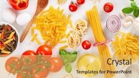  Presentation with penne pasta - Amazing slides having ingredients for italian cousine flat backdrop and a yellow colored foreground