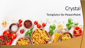  Presentation with penne pasta - Theme consisting of ingredients for italian cousine flat background and a white colored foreground