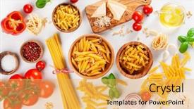  Presentation with penne pasta - Presentation with ingredients for italian cousine flat background and a yellow colored foreground