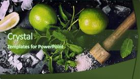  Presentation with sugar cubes - Audience pleasing presentation consisting of ingredients for making mojitos ice cubes mint leaves sugar and lime on rustic background backdrop and a tawny brown colored foreground