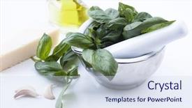  Presentation with olive oil - Colorful slide deck enhanced with ingredients for pesto alla genovese - basil parmesan garlic olive oil backdrop and a sky blue colored foreground