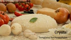  Presentation with vegetarian - Slide deck featuring ingredients for preparing a vegetarian pizza background and a coral colored foreground