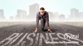  Presentation with kneeling - Colorful presentation theme enhanced with initiate - young determined businessman kneeling backdrop and a gray colored foreground