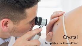  Presentation with clinic - Presentation design having initiatives - closeup of male dermatologist checking background and a coral colored foreground