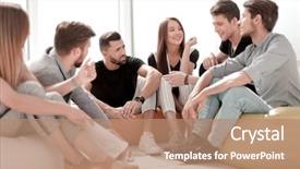  Presentation with young business people - Cool new PPT theme with initiatives - group of initiative young people backdrop and a coral colored foreground