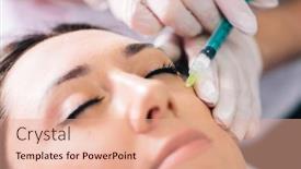  Presentation with aesthetic medicine - PPT theme featuring injectable-tissue-stimulator-on-woman background and a coral colored foreground