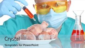  Presentation with gmo meat - PPT theme having injecting gmo into the meat background and a light blue colored foreground