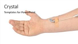  Presentation with medical hand - Presentation enhanced with injection free - hand with earphones like medical background and a  colored foreground