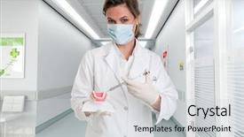  Presentation with study - PPT layouts consisting of injection molding - female dentist holding a dentistry background and a light gray colored foreground