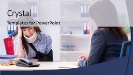  Presentation with law case - Colorful presentation theme enhanced with injured employee visiting lawyer backdrop and a sky blue colored foreground