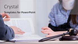  Presentation with lawyer - Presentation consisting of injured employee visiting lawyer for advice on insurance background and a light gray colored foreground
