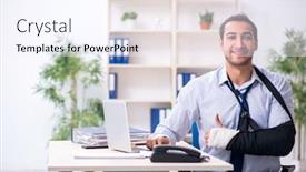  Presentation with workplace accident - Audience pleasing theme consisting of injured-male-employee-at-workplace backdrop and a sky blue colored foreground