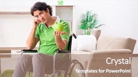  Presentation with wheelchair - Theme enhanced with injured piggy bank - young handsome man in wheelchair background and a coral colored foreground