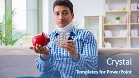  Presentation with injury - Slides having injured piggy bank - young man suffering from neck background and a  colored foreground