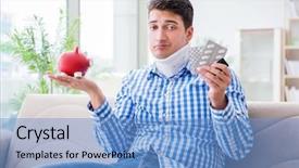  Presentation with injury - Colorful slide set enhanced with injured piggy bank - young man suffering from neck backdrop and a  colored foreground