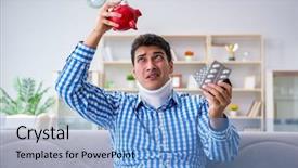  Presentation with sharps injury - Amazing slide set having injured piggy bank - young man suffering from neck backdrop and a  colored foreground