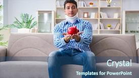  Presentation with injury - Amazing PPT theme having injured piggy bank - young man suffering from neck backdrop and a  colored foreground