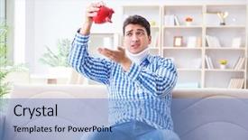  Presentation with young man on the phone - Colorful PPT layouts enhanced with injured piggy bank - young man suffering from neck backdrop and a  colored foreground