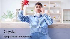  Presentation with injury - Presentation design featuring injured piggy bank - young man suffering from neck background and a  colored foreground