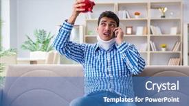  Presentation with injury - Slides enhanced with injured piggy bank - young man suffering from neck background and a  colored foreground