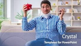  Presentation with sharps injury - Amazing slide deck having injured piggy bank - young man suffering from neck backdrop and a  colored foreground